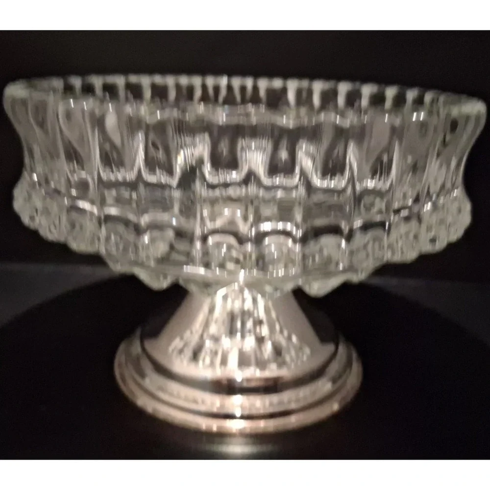 Vintage Diamond Point Glass Dessert Dish with Silver-plate Base